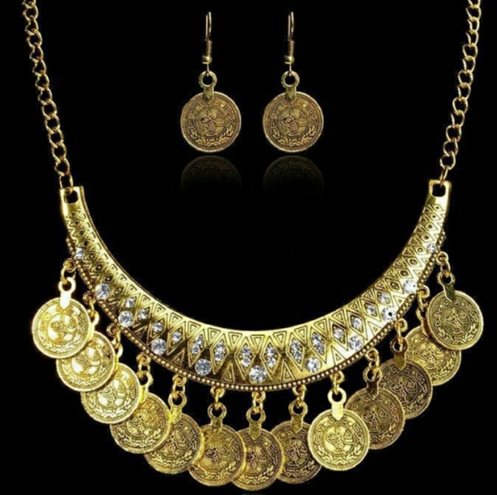 Vintage Carved Coin Tassel Choker w/ Earrings